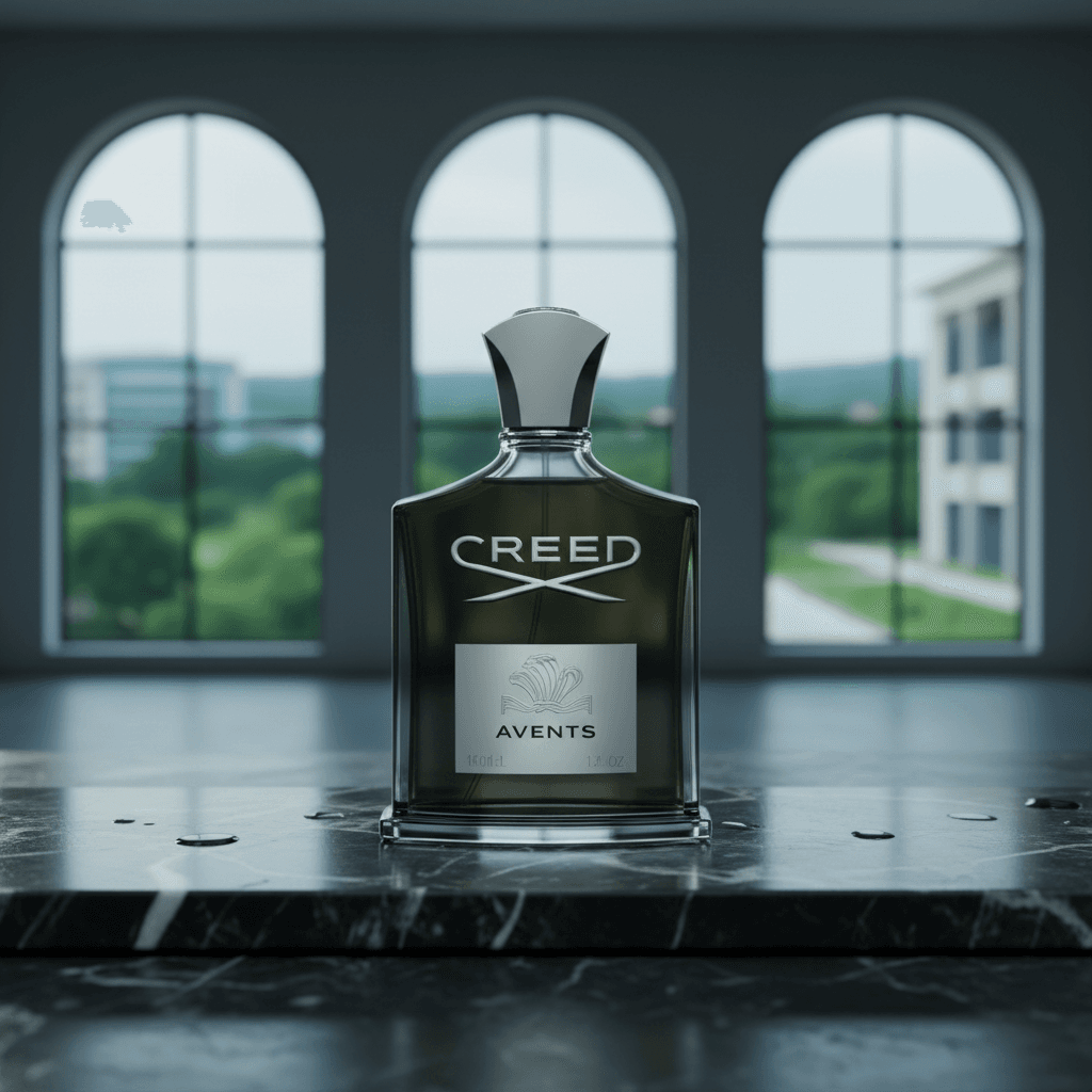 بطری عطر مردانه لوکس با پس‌زمینه تاریک و نور طلایی